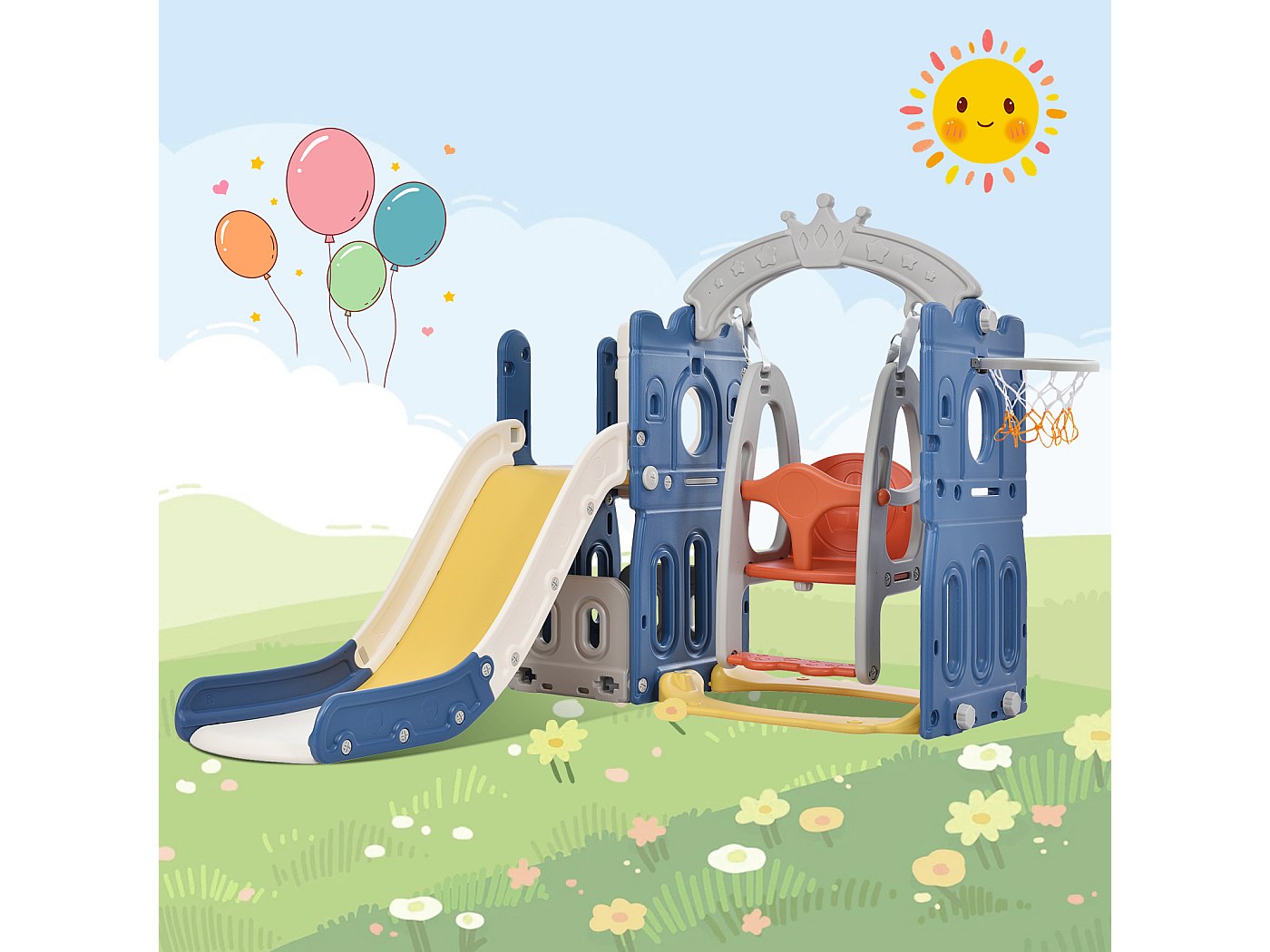AIYAPLAY Portique Enfant Toboggan et balançoire avec Panier de Basket-Ball Aire de Jeux 3 en 1 185 x 150 x 92 cm Gris à partir de 95,90 € (juillet 2026