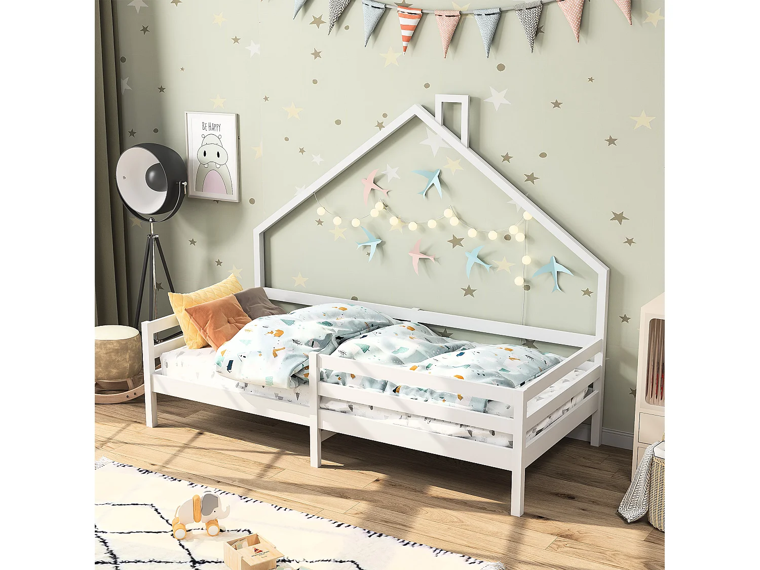 Hochbett Kinderbett 90x200cm aus Massivholz mit Rausfallschutz und Lattenrost - Weiß