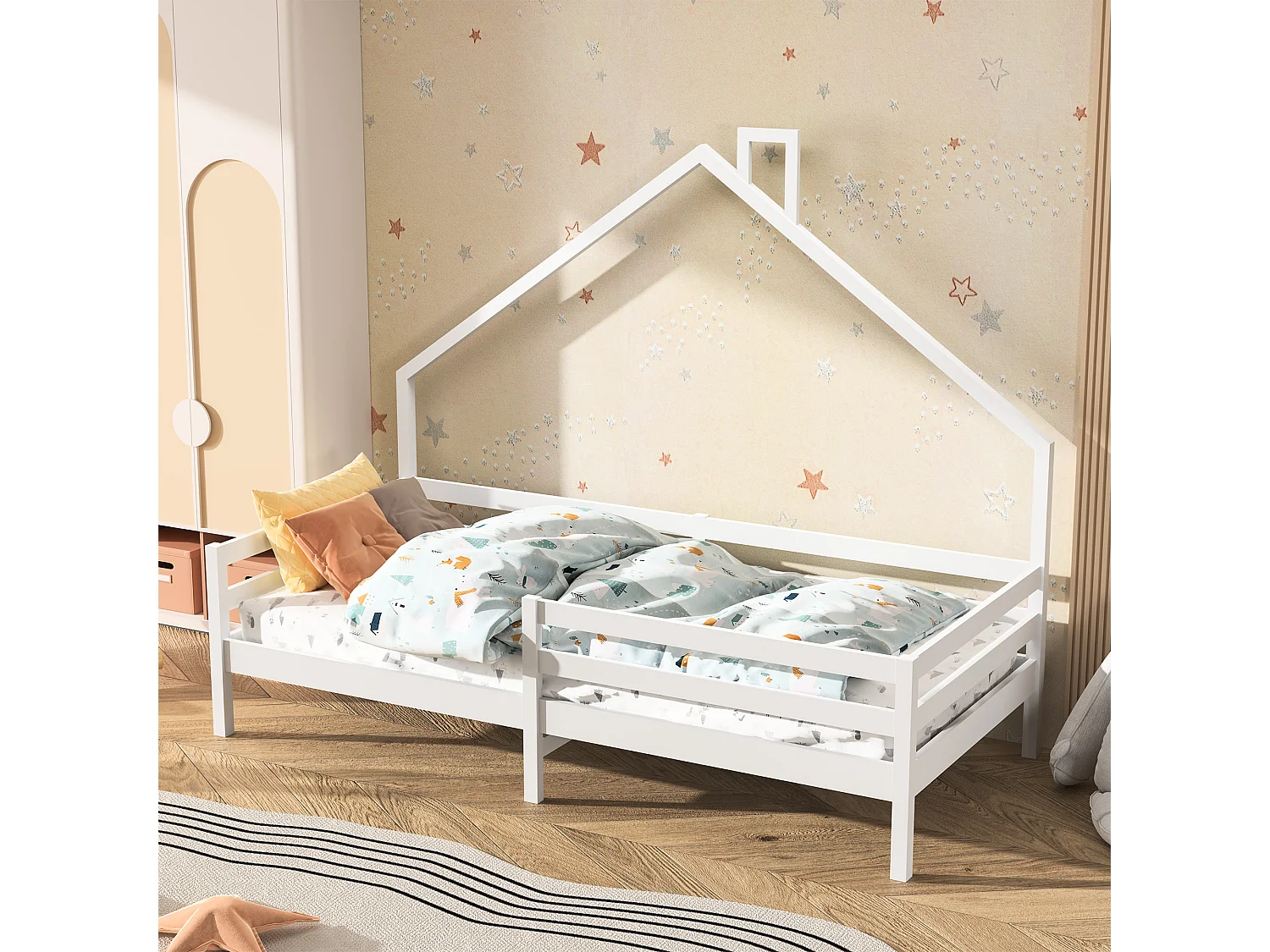 Hochbett Kinderbett 90x200cm aus Massivholz mit Rausfallschutz und Lattenrost - Weiß