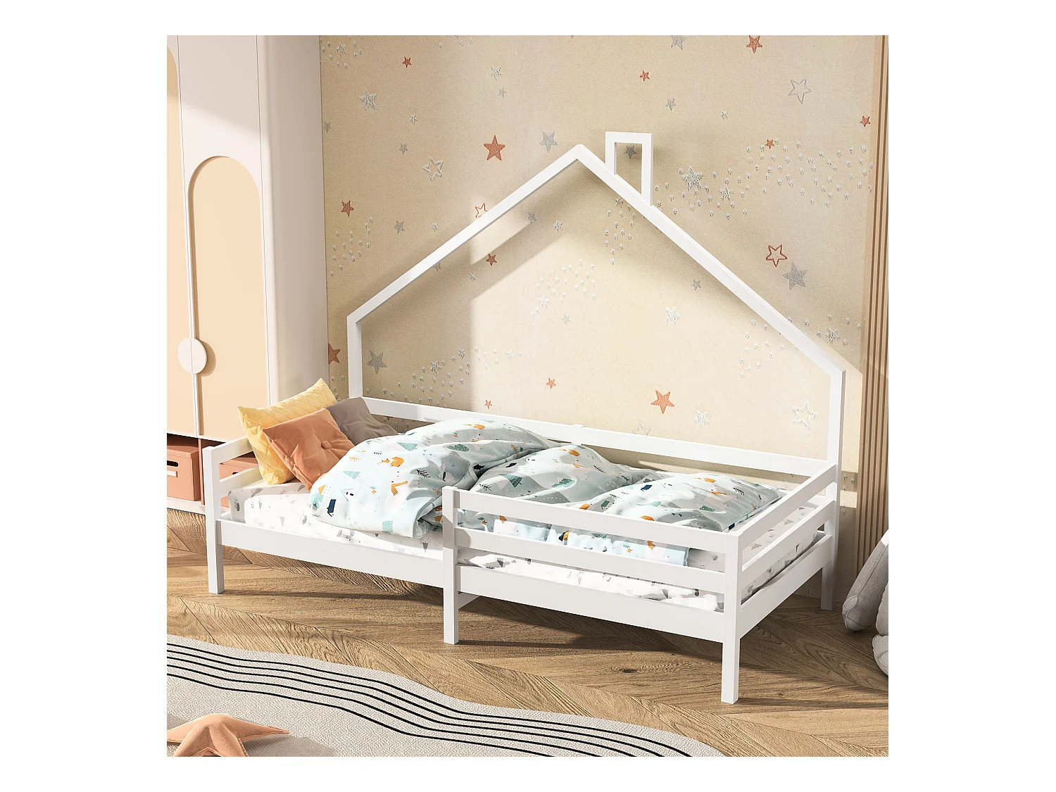 Lit cabane lit enfant 90x200cm en bois massif avec protection antichute et sommier à lattes - Blanc