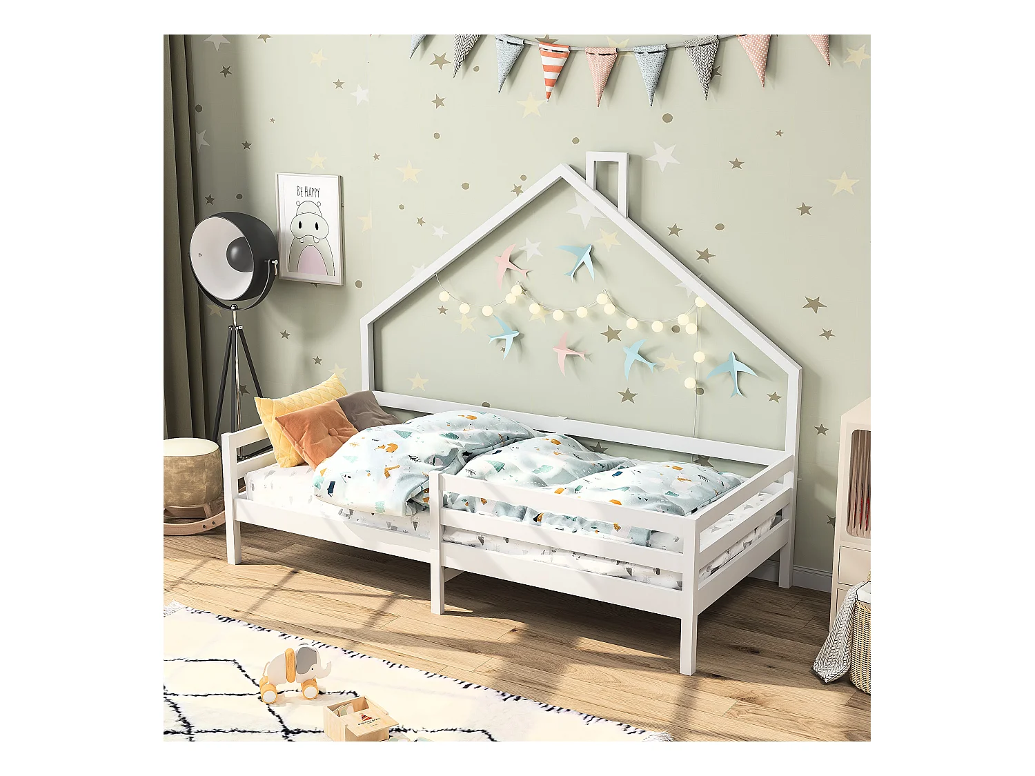 Lit cabane lit enfant 90x200cm en bois massif avec protection antichute et sommier à lattes - Blanc