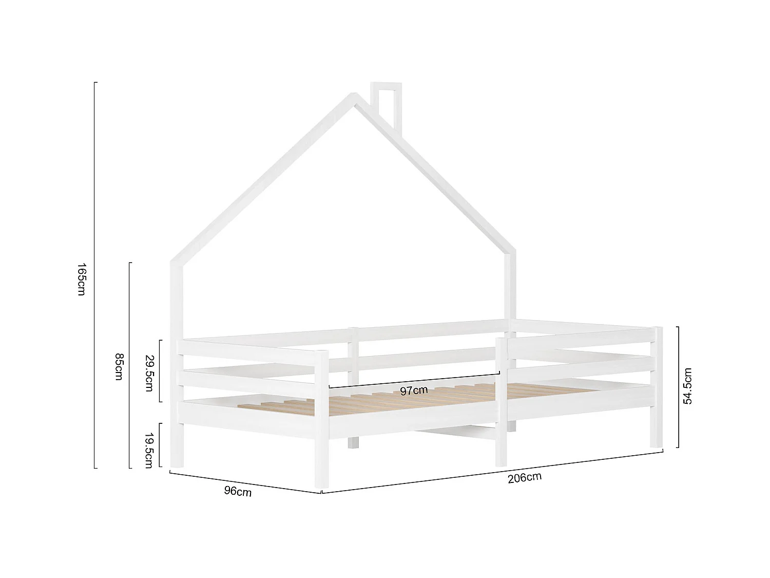 Lit cabane lit enfant 90x200cm en bois massif avec protection antichute et sommier à lattes - Blanc