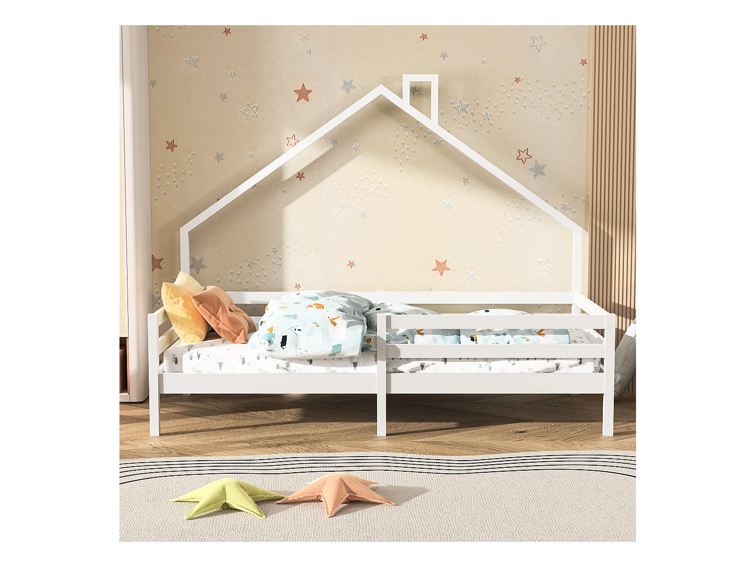 Lit cabane lit enfant 90x200cm en bois massif avec protection antichute et sommier à lattes - Blanc