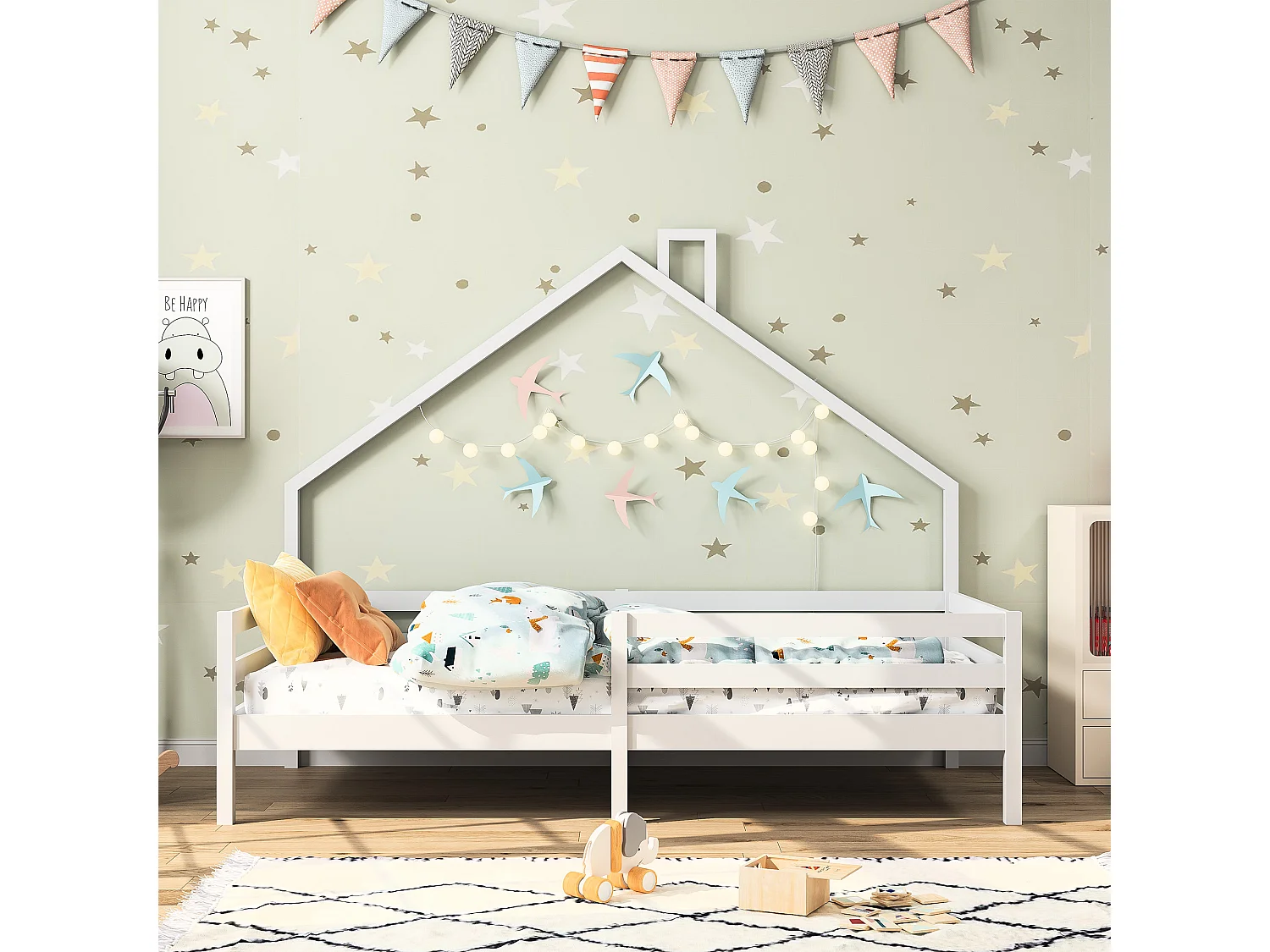 Cama nido infantil 90x200cm de madera maciza con protección anticaídas y somier de láminas - Blanco