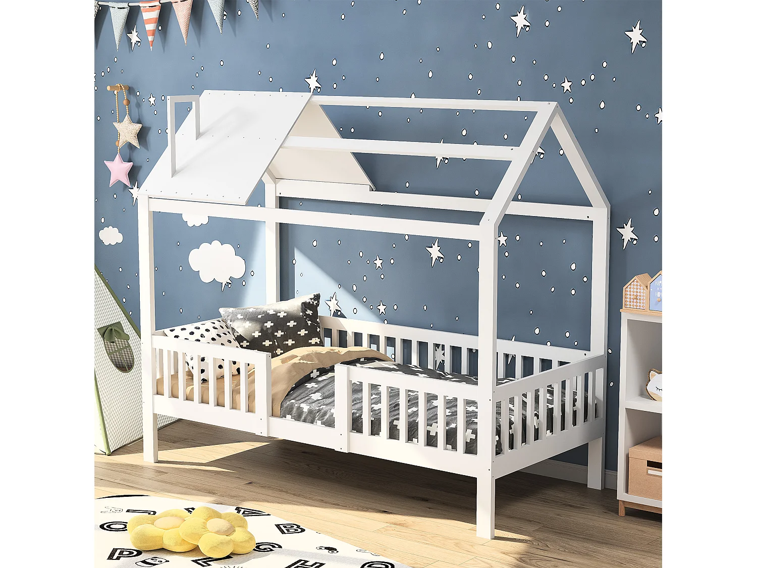 Kinder-Hochbett 200x90cm - Massivholz mit Lattenrost - weiß