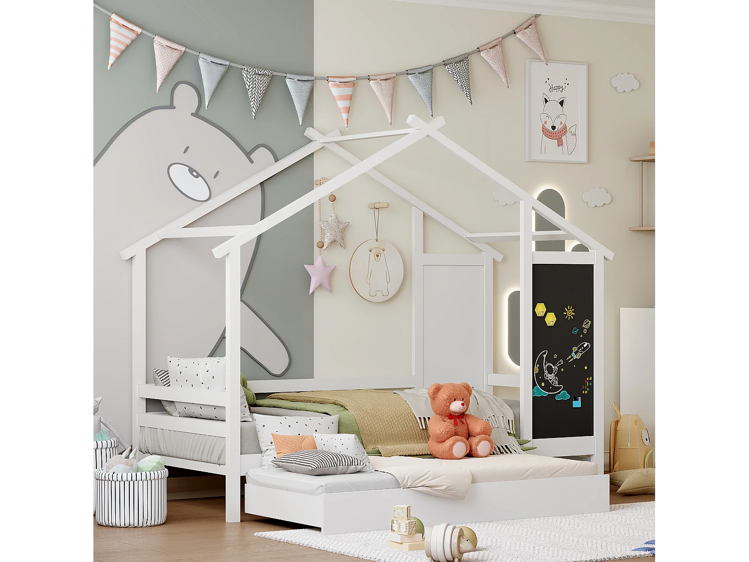 Cama de cabine 90 x 200 cm - 2 gavetas - com estrados de ripas e quadro preto - branco