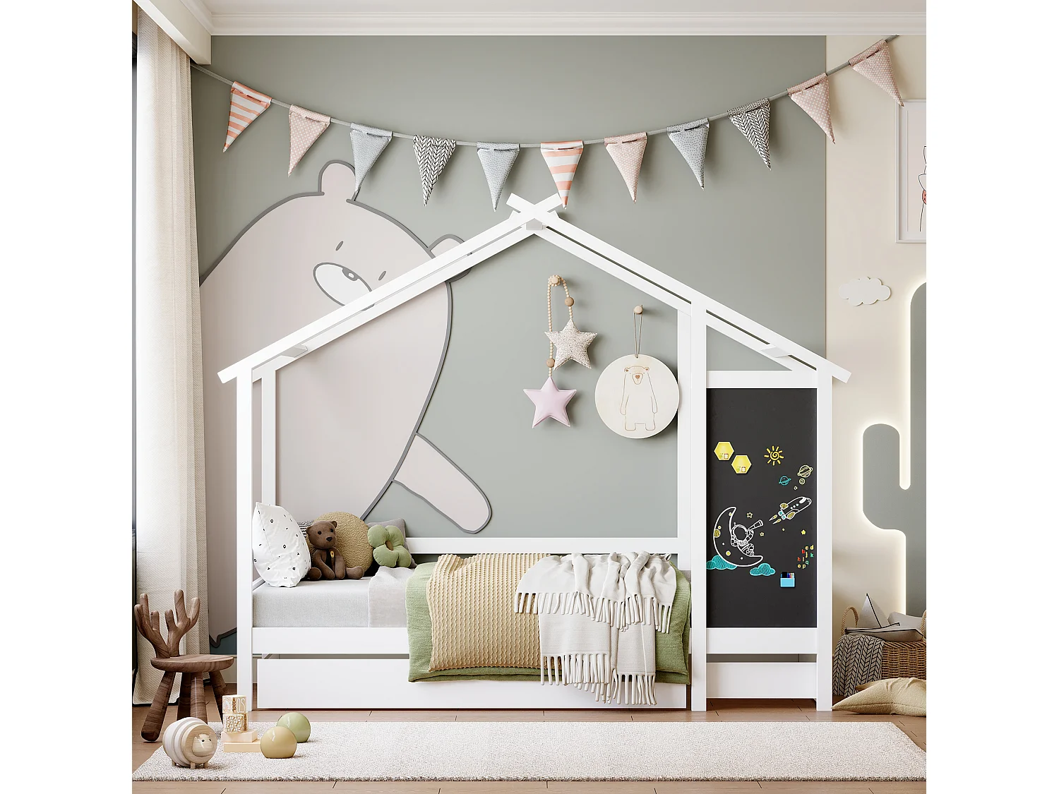 Cama de cabine 90 x 200 cm - 2 gavetas - com estrados de ripas e quadro preto - branco