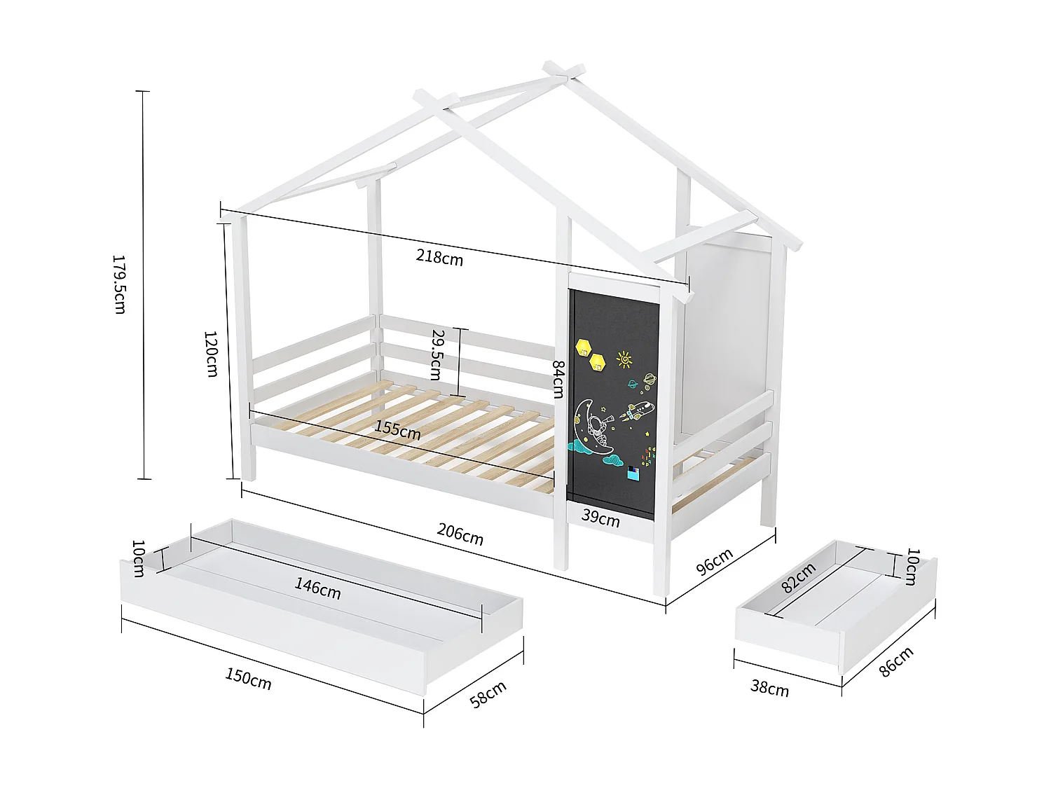 Cama de cabine 90 x 200 cm - 2 gavetas - com estrados de ripas e quadro preto - branco
