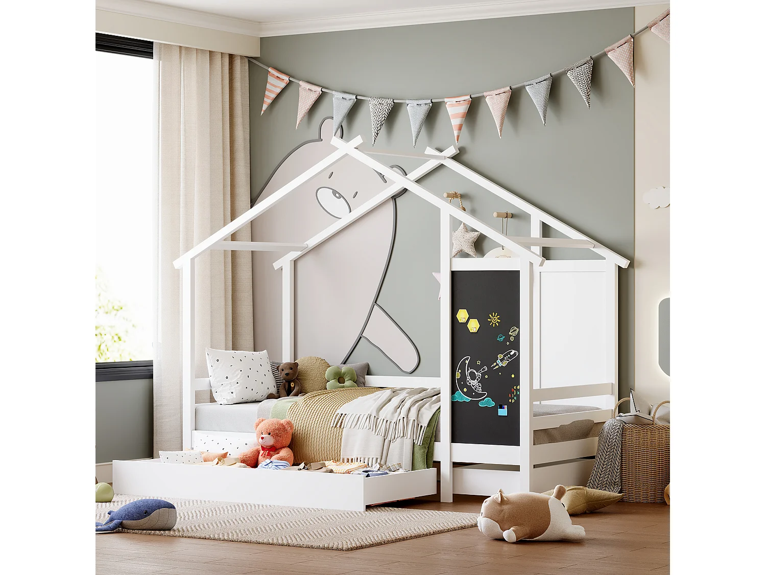 Cama de cabine 90 x 200 cm - 2 gavetas - com estrados de ripas e quadro preto - branco