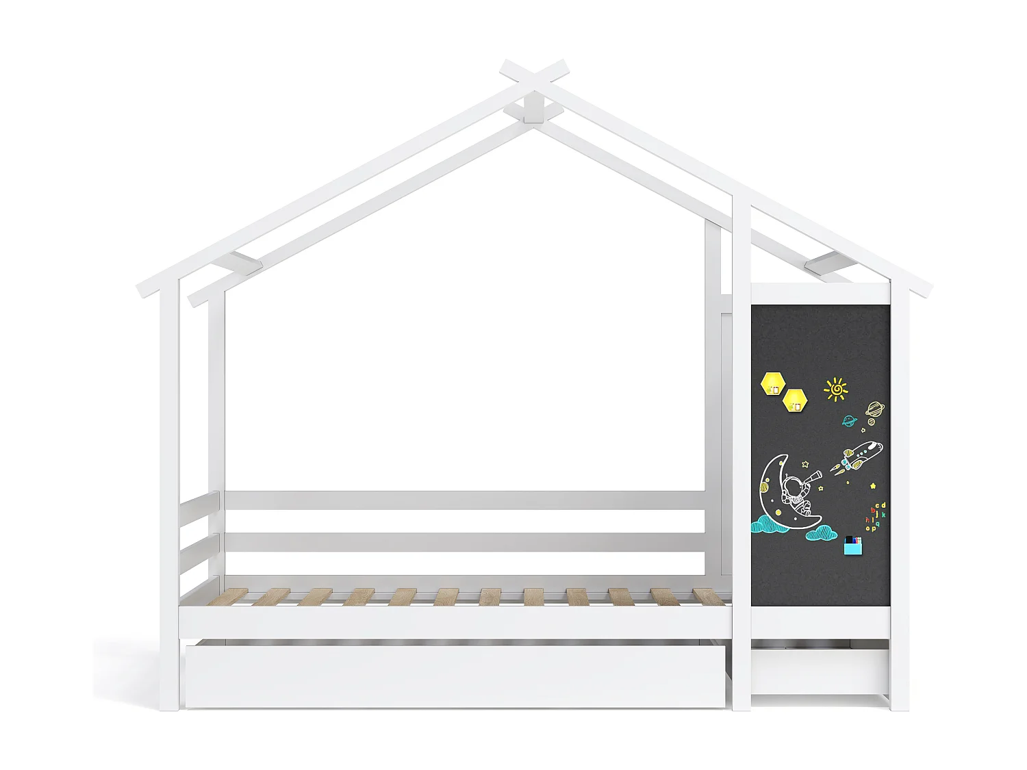 Cama de cabine 90 x 200 cm - 2 gavetas - com estrados de ripas e quadro preto - branco