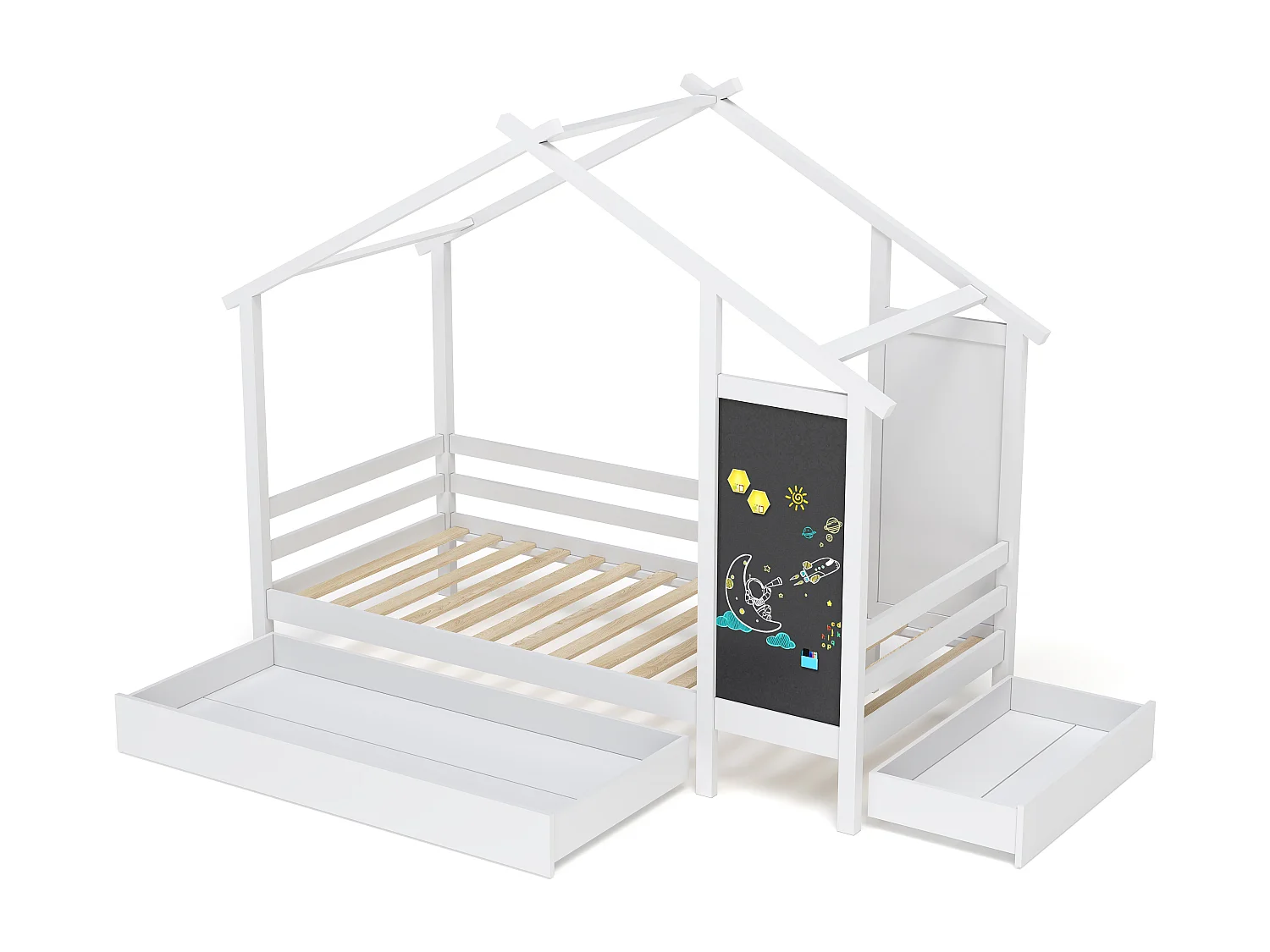 Cama de cabine 90 x 200 cm - 2 gavetas - com estrados de ripas e quadro preto - branco