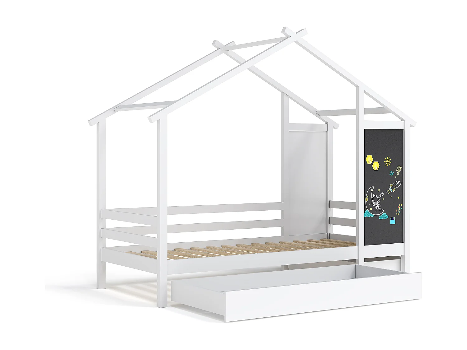 Cama de cabine 90 x 200 cm - 2 gavetas - com estrados de ripas e quadro preto - branco