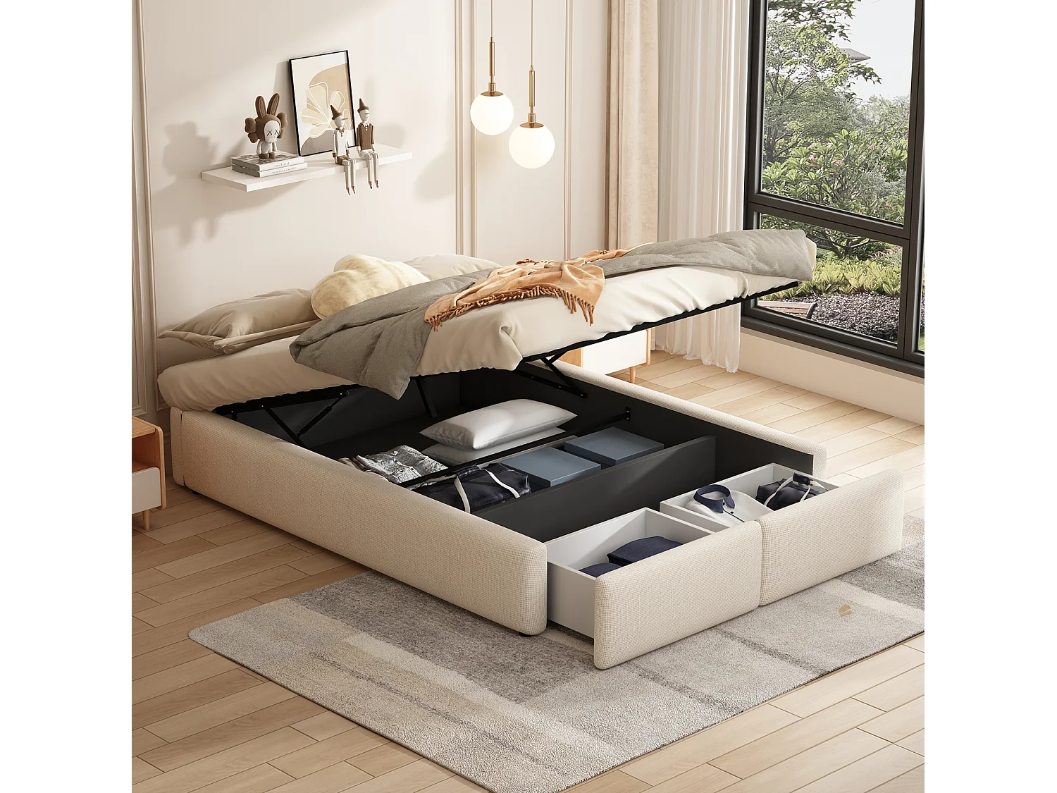 Lit coffre 160x200cm en tissu lin avec 2 tiroirs - sommier à lattes - sans tête de lit - Beige