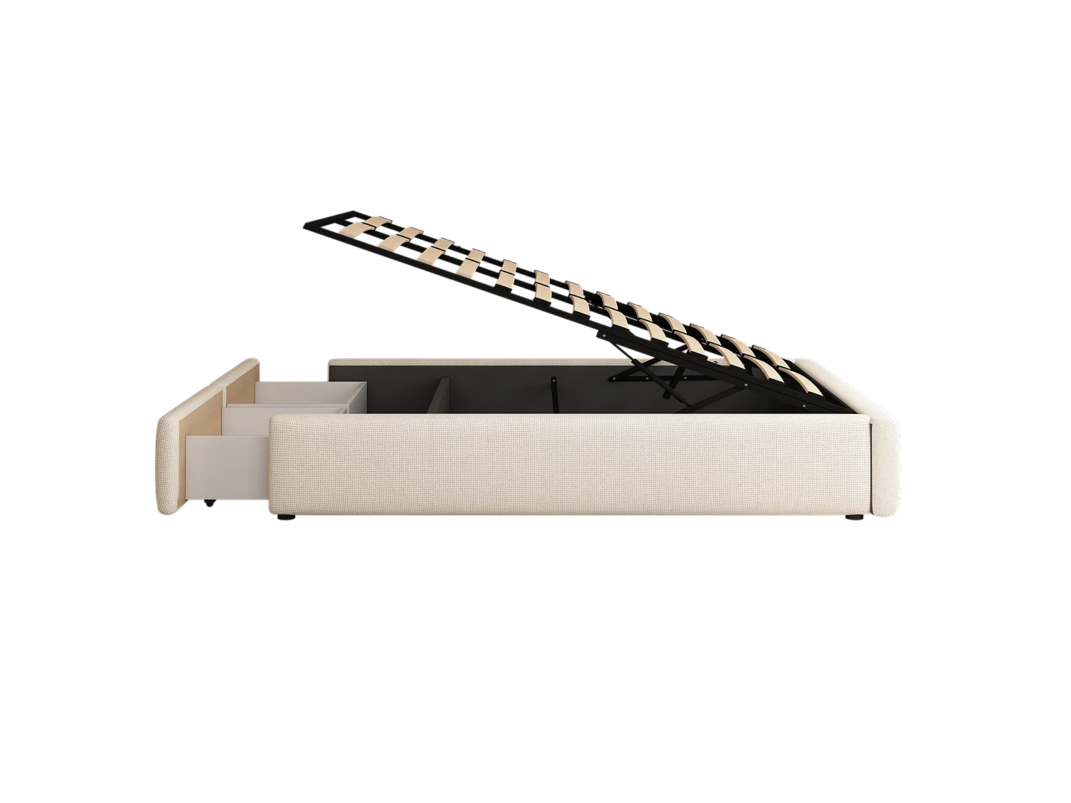 Lit coffre 160x200cm en tissu lin avec 2 tiroirs - sommier à lattes - sans tête de lit - Beige