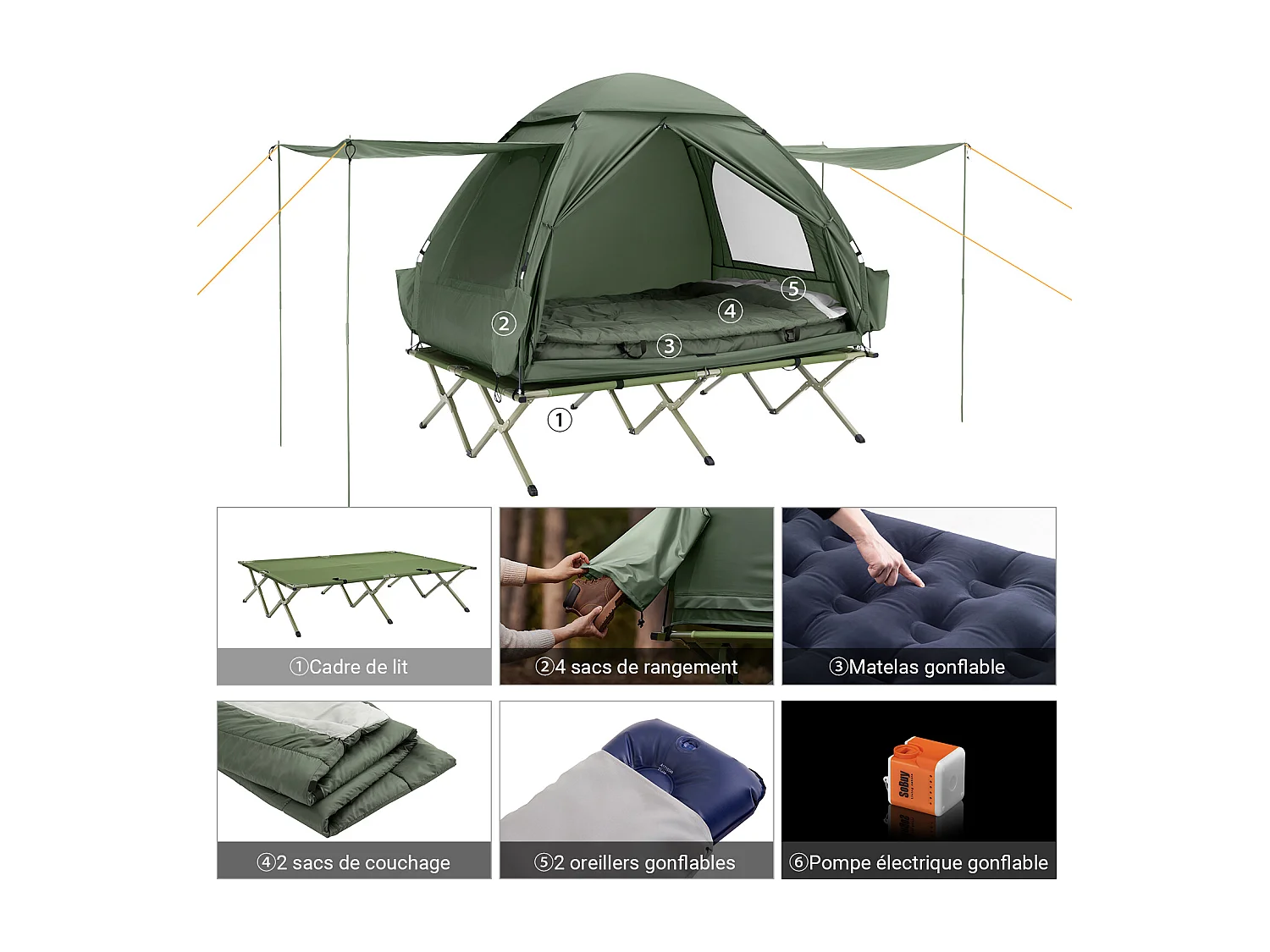 Sobuy ogs32-l-gr 4-in-1! 2-zits opklapbed opvouwbaar kampeerbed reiscamping met dak, slaapzak