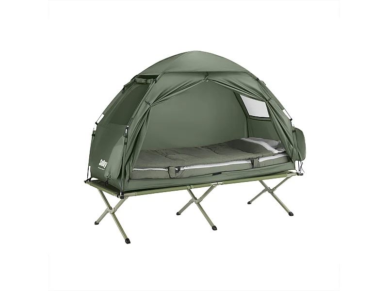 SoBuy Tente de Camping 4 en 1 Pliable Lit Surélevé, Toit, Sac de Couchage, Matelas Gonflable -1 Personne - Idéal pour Randonnée, Festival et Plein Air, OGS32-GR