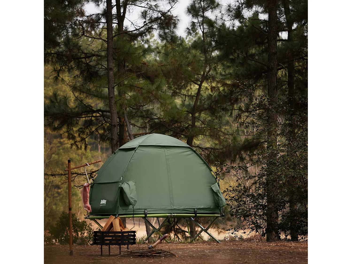 SoBuy Tente de Camping 4 en 1 Pliable Lit Surélevé, Toit, Sac de Couchage, Matelas Gonflable -1 Personne - Idéal pour Randonnée, Festival et Plein Air, OGS32-GR