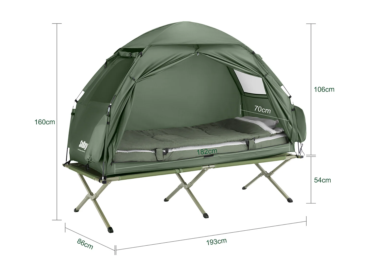 SoBuy Tente de Camping 4 en 1 Pliable Lit Surélevé, Toit, Sac de Couchage, Matelas Gonflable -1 Personne - Idéal pour Randonnée, Festival et Plein Air, OGS32-GR