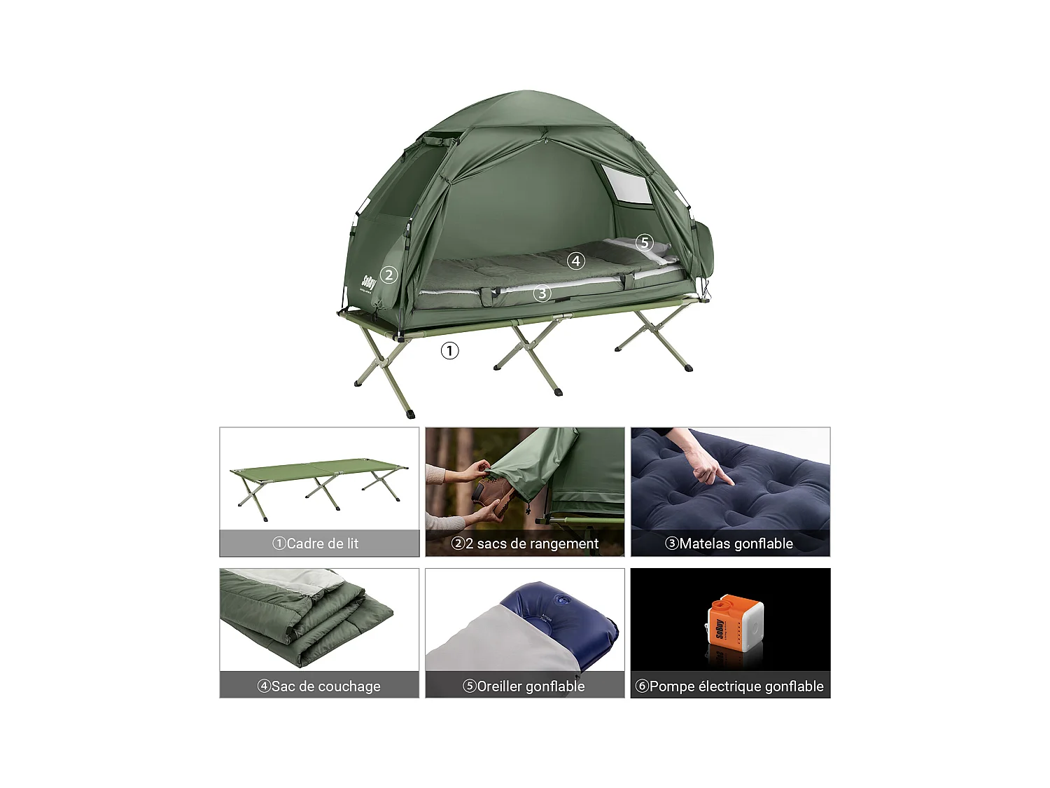SoBuy Tente de Camping 4 en 1 Pliable Lit Surélevé, Toit, Sac de Couchage, Matelas Gonflable -1 Personne - Idéal pour Randonnée, Festival et Plein Air, OGS32-GR