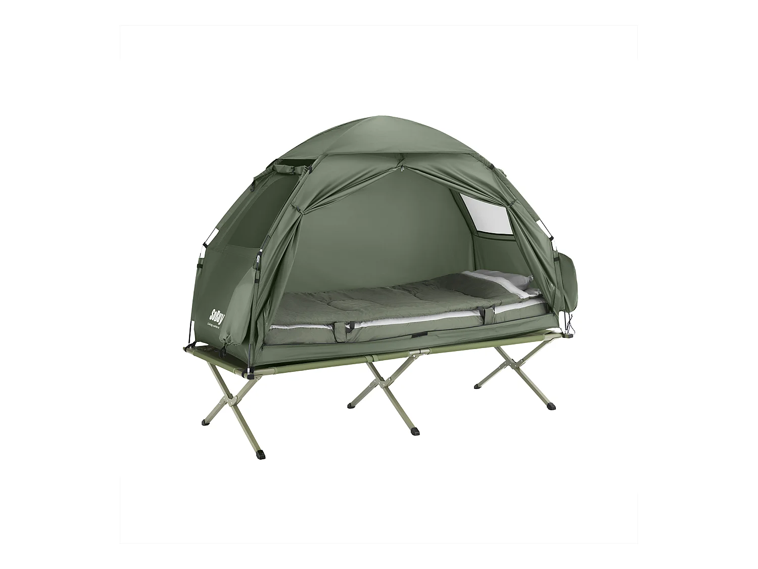 SoBuy Tente de Camping 4 en 1 Pliable Lit Surélevé, Toit, Sac de Couchage, Matelas Gonflable -1 Personne - Idéal pour Randonnée, Festival et Plein Air, OGS32-GR
