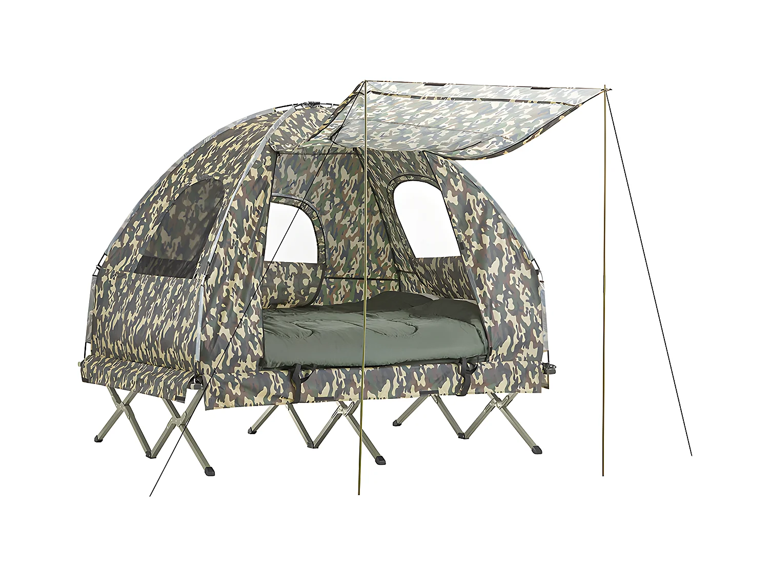 SoBuy Verhoogde tent met campingbed voor 2 personen 4-in-1 opvouwbare campingtent met aluminium bed, slaapzak, opblaasbaar matras, draagtas Max. belasting 180 kg Camouflage OGS61-L-TN
