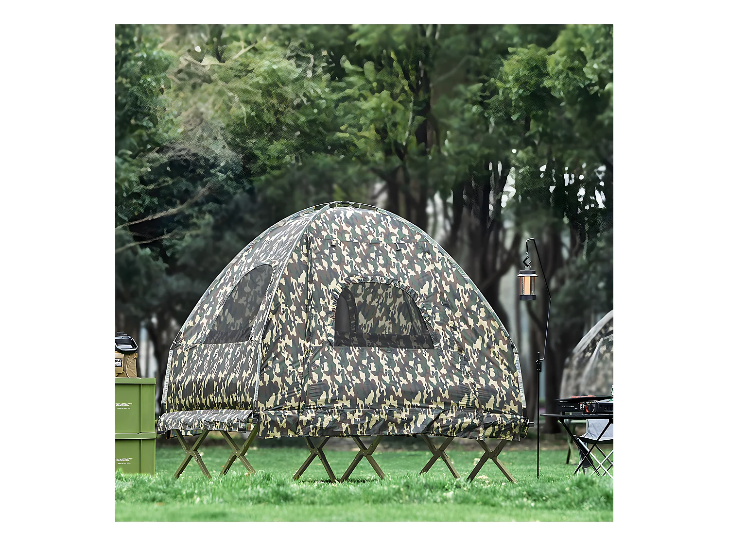 SoBuy Verhoogde tent met campingbed voor 2 personen 4-in-1 opvouwbare campingtent met aluminium bed, slaapzak, opblaasbaar matras, draagtas Max. belasting 180 kg Camouflage OGS61-L-TN