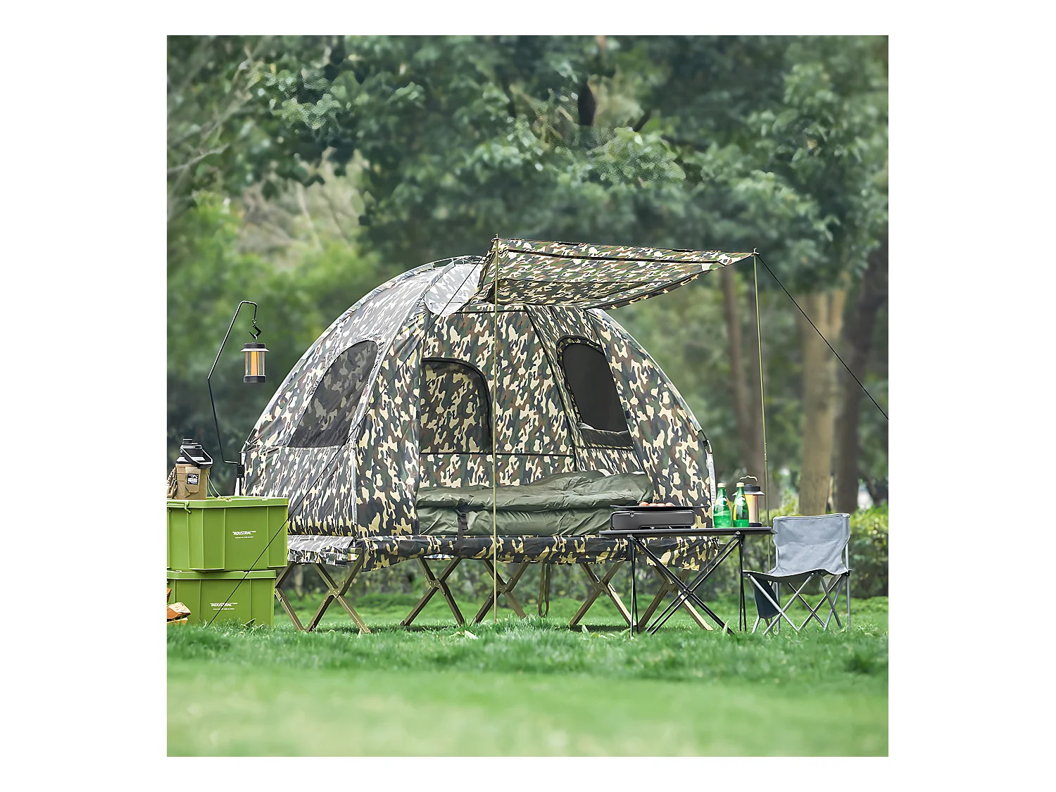 SoBuy Verhoogde tent met campingbed voor 2 personen 4-in-1 opvouwbare campingtent met aluminium bed, slaapzak, opblaasbaar matras, draagtas Max. belasting 180 kg Camouflage OGS61-L-TN