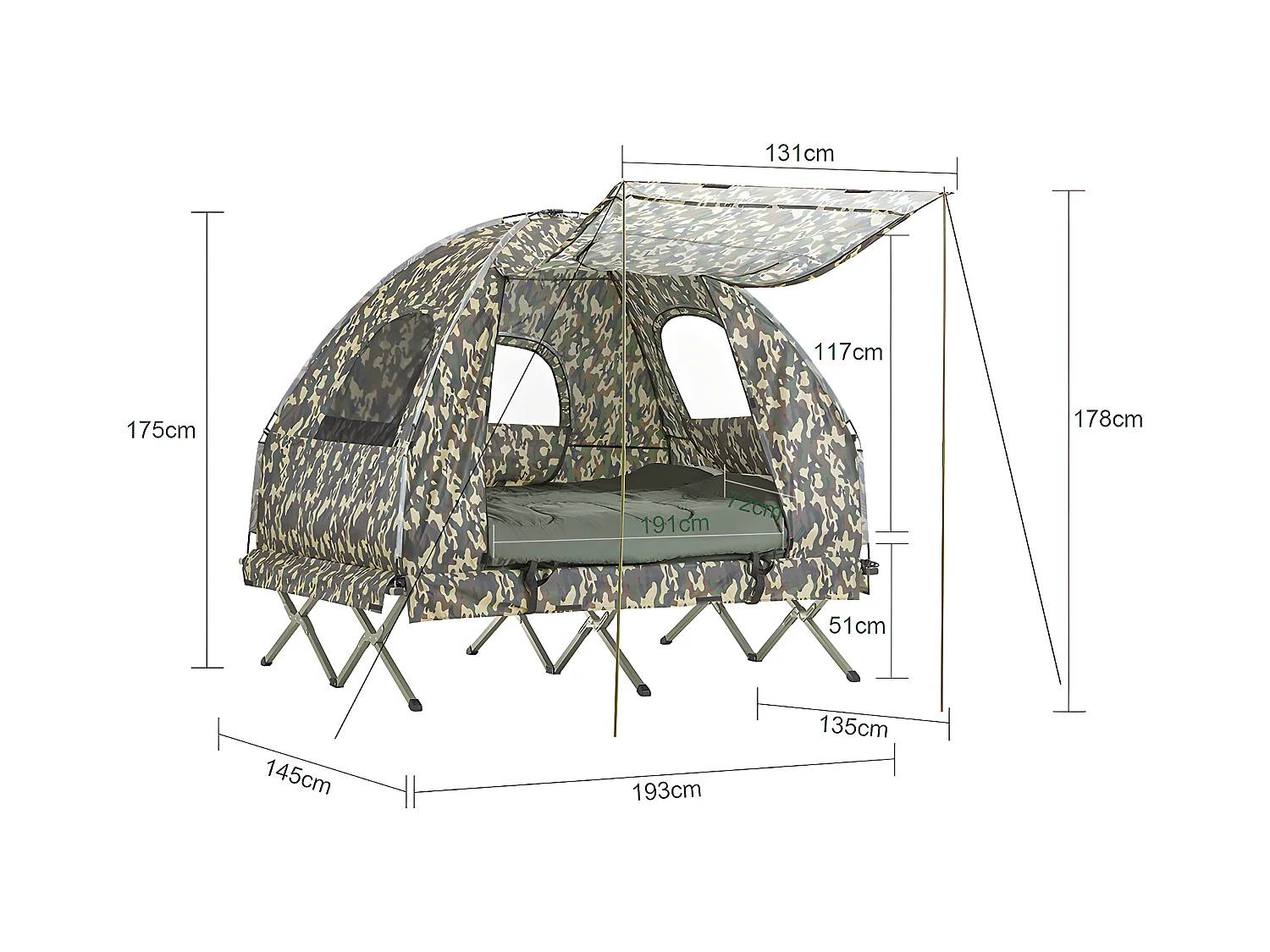 SoBuy Verhoogde tent met campingbed voor 2 personen 4-in-1 opvouwbare campingtent met aluminium bed, slaapzak, opblaasbaar matras, draagtas Max. belasting 180 kg Camouflage OGS61-L-TN