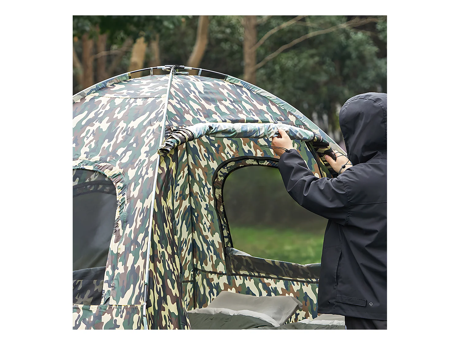 SoBuy Verhoogde tent met campingbed voor 2 personen 4-in-1 opvouwbare campingtent met aluminium bed, slaapzak, opblaasbaar matras, draagtas Max. belasting 180 kg Camouflage OGS61-L-TN
