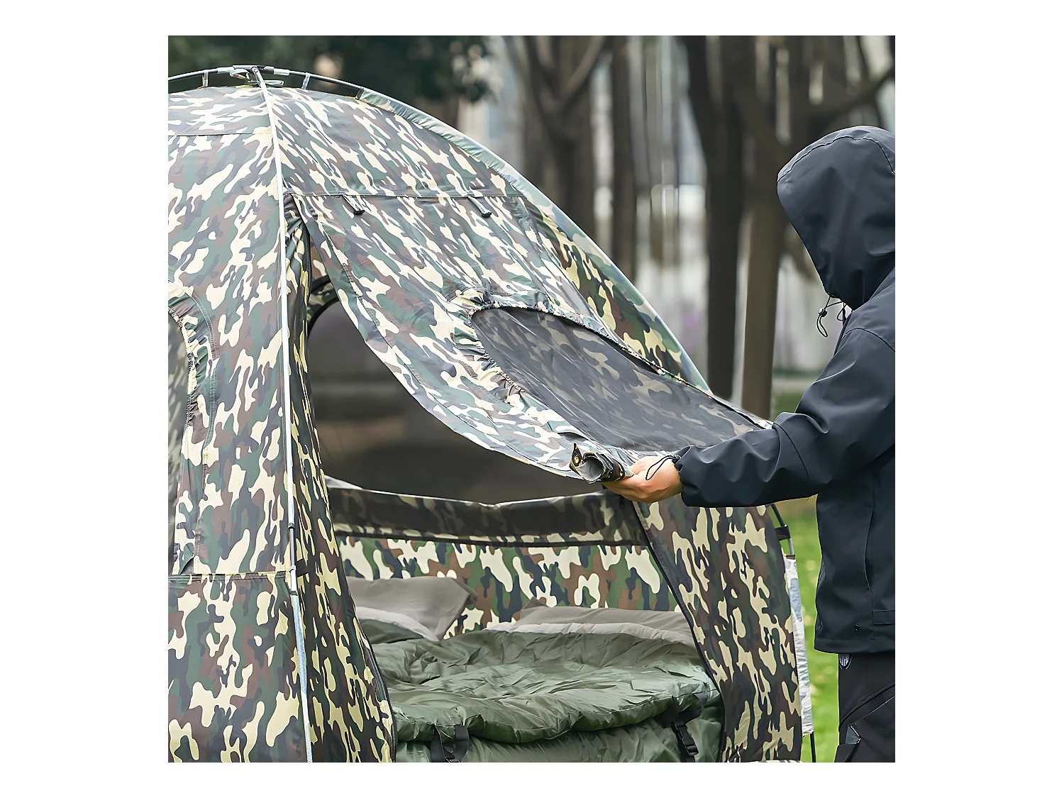 SoBuy Verhoogde tent met campingbed voor 2 personen 4-in-1 opvouwbare campingtent met aluminium bed, slaapzak, opblaasbaar matras, draagtas Max. belasting 180 kg Camouflage OGS61-L-TN