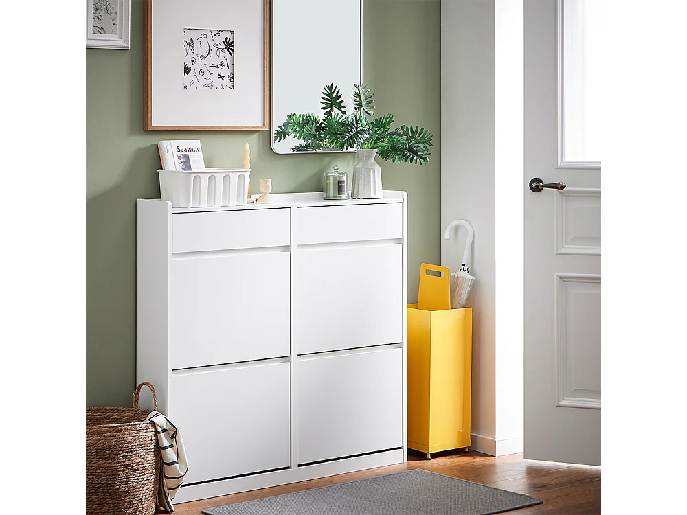 SoBuy Meuble à Chaussures Meuble d'entrée Meuble de Rangement à Chaussures pour Petite Entrée Couloir, Blanc, 2 Tiroirs et 4 Portes, 98x19x95cm, FSR169-W