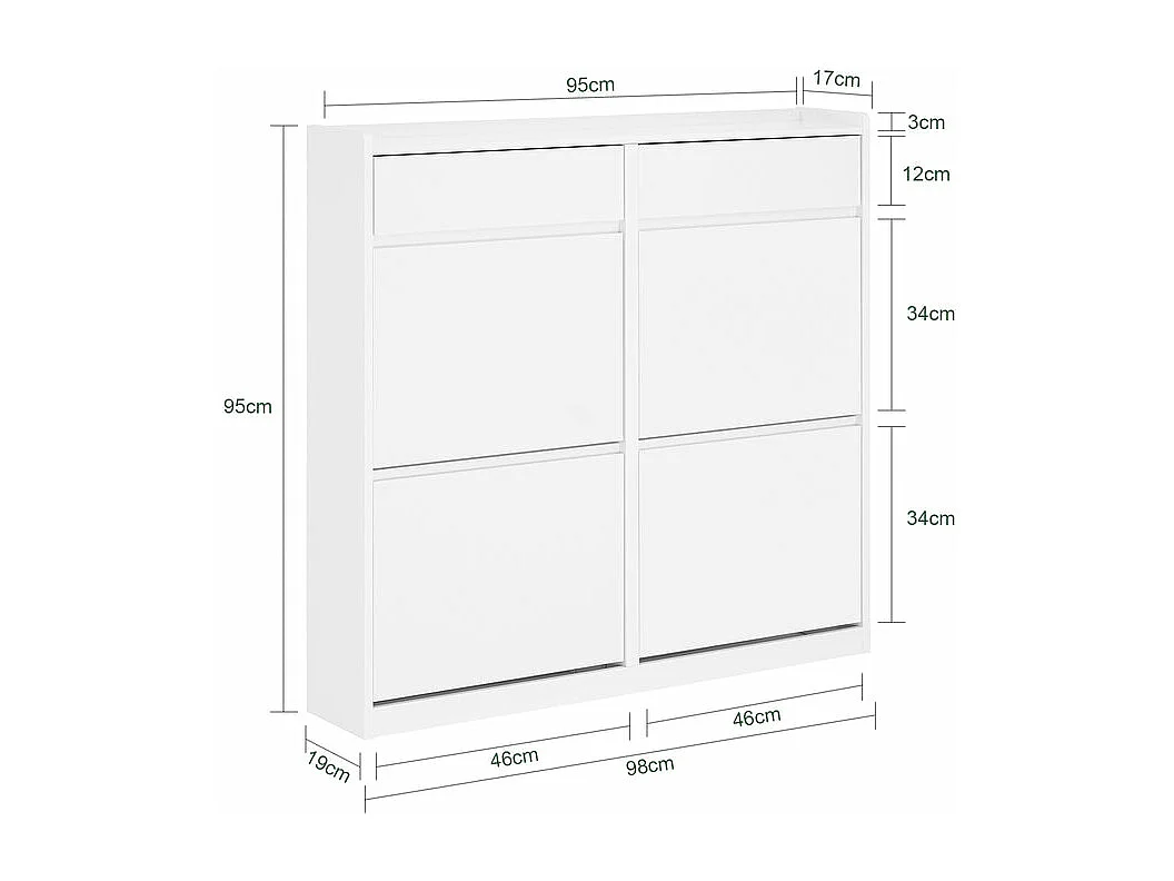 SoBuy Meuble à Chaussures Meuble d'entrée Meuble de Rangement à Chaussures pour Petite Entrée Couloir, Blanc, 2 Tiroirs et 4 Portes, 98x19x95cm, FSR169-W