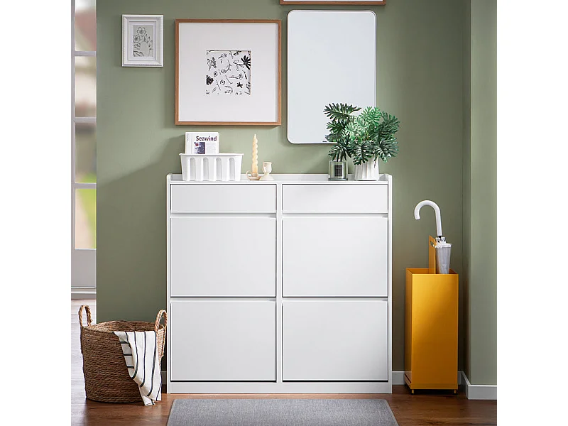 SoBuy Meuble à Chaussures Meuble d'entrée Meuble de Rangement à Chaussures pour Petite Entrée Couloir, Blanc, 2 Tiroirs et 4 Portes, 98x19x95cm, FSR169-W