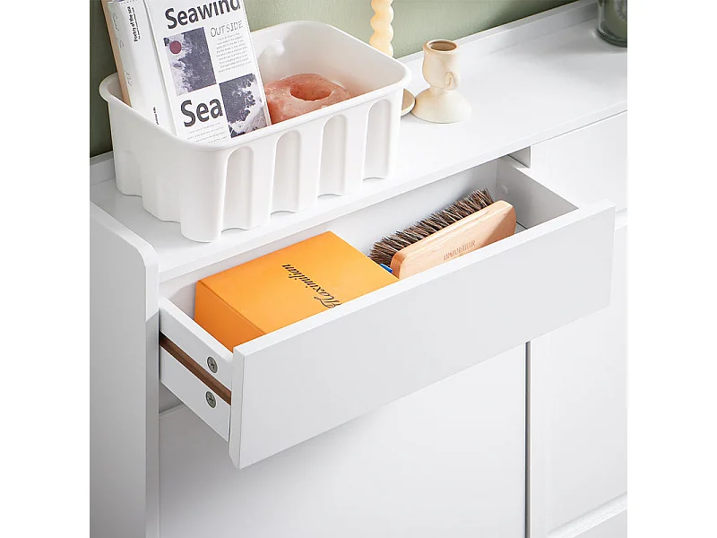 SoBuy Meuble à Chaussures Meuble d'entrée Meuble de Rangement à Chaussures pour Petite Entrée Couloir, Blanc, 2 Tiroirs et 4 Portes, 98x19x95cm, FSR169-W