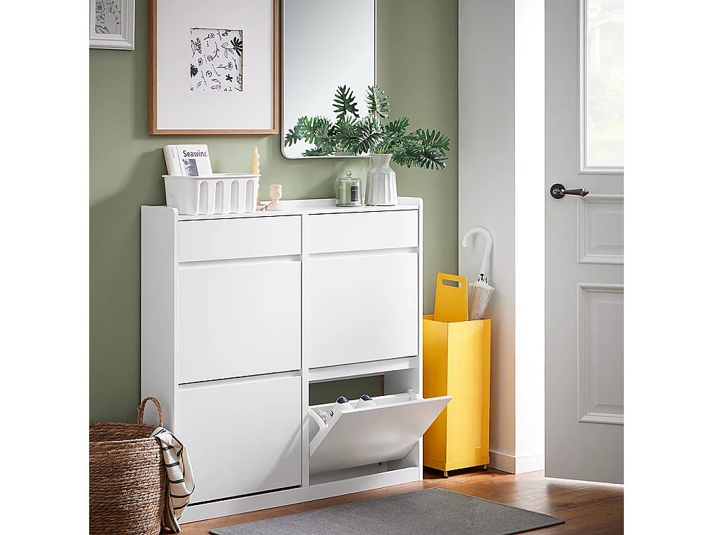 SoBuy Meuble à Chaussures Meuble d'entrée Meuble de Rangement à Chaussures pour Petite Entrée Couloir, Blanc, 2 Tiroirs et 4 Portes, 98x19x95cm, FSR169-W