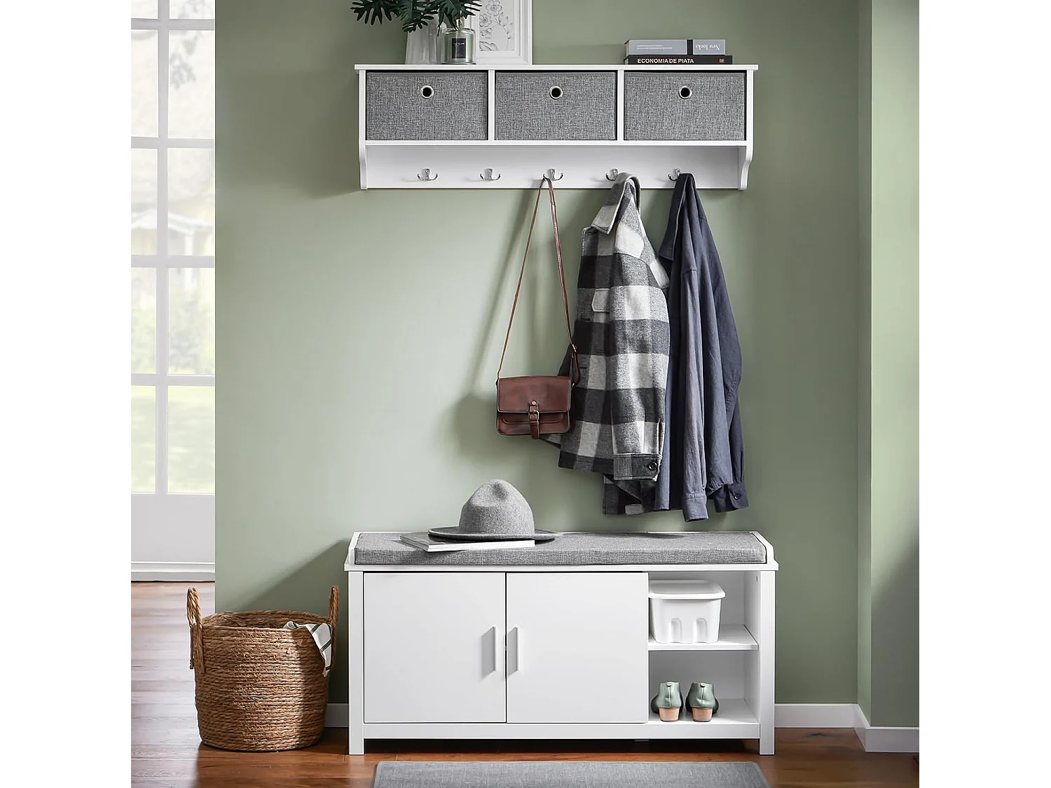 SoBuy FSR168-W Banc à Chaussures Banc de Rangement Meuble d'Entrée Meuble à Chaussures, 2 Portes Coussin Rembourré