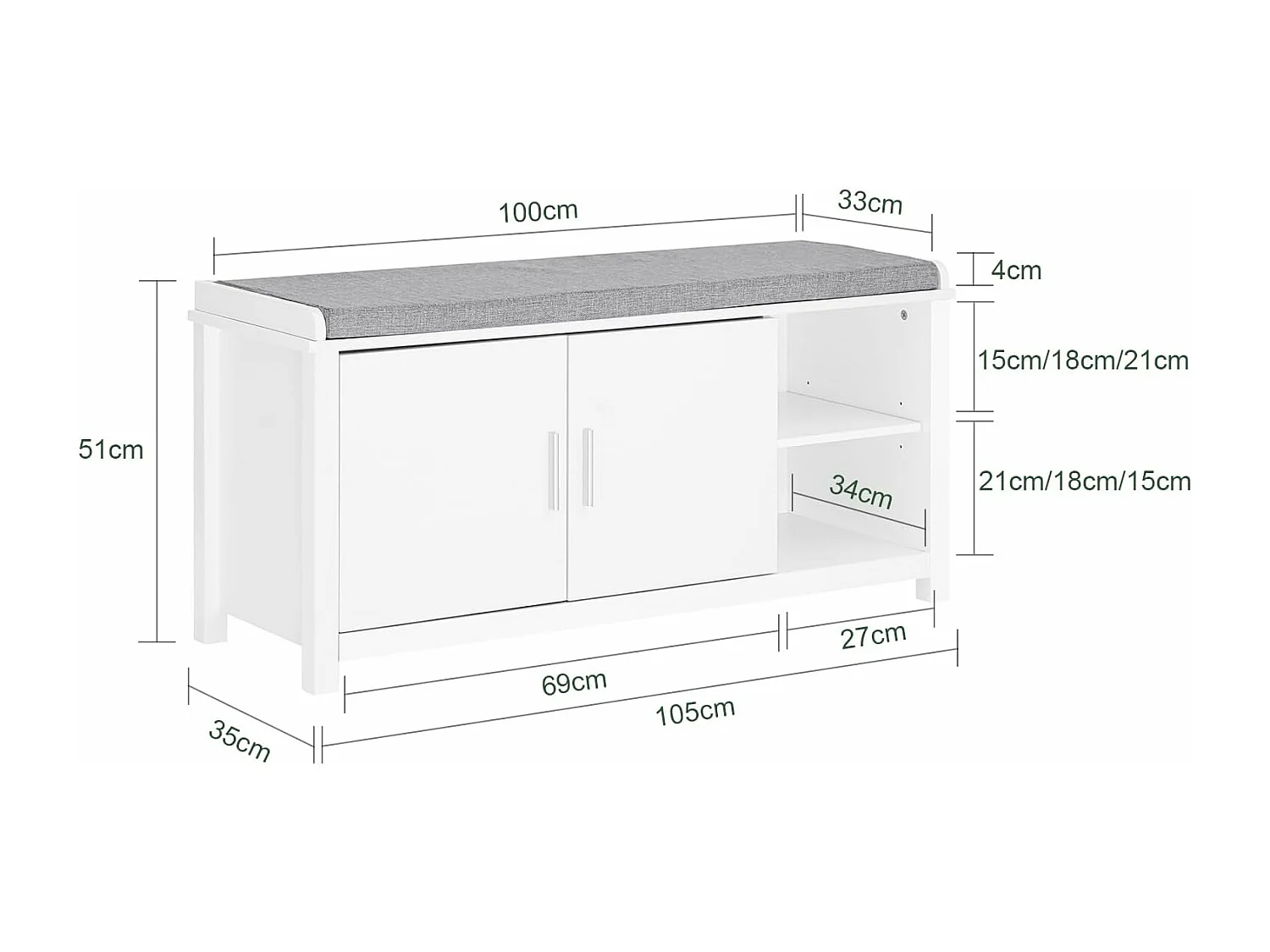 SoBuy FSR168-W Banc à Chaussures Banc de Rangement Meuble d'Entrée Meuble à Chaussures, 2 Portes Coussin Rembourré