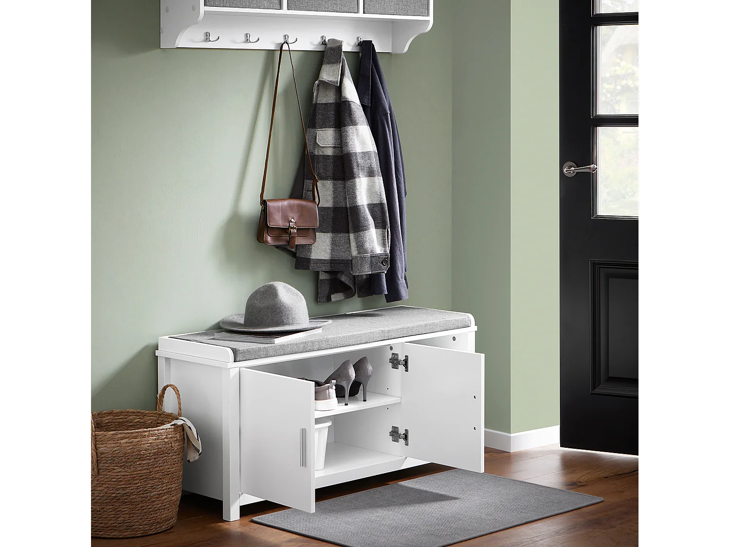 SoBuy FSR168-W Banc à Chaussures Banc de Rangement Meuble d'Entrée Meuble à Chaussures, 2 Portes Coussin Rembourré