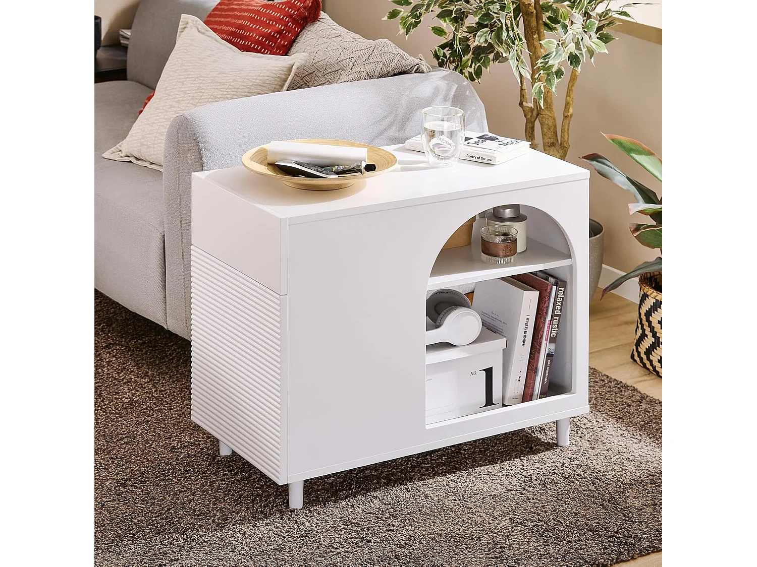 SoBuy Table d’Appoint, Bout de Canapé de Salon, Table à Café, Caisson de Bureau avec 1 Tiroir 1 Porte et Compartiments Blanc, 70 x 35 x 60 cm, FBT135-W