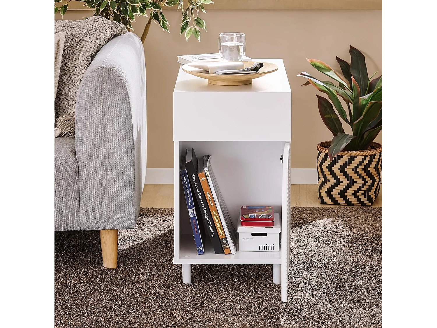 SoBuy Table d’Appoint, Bout de Canapé de Salon, Table à Café, Caisson de Bureau avec 1 Tiroir 1 Porte et Compartiments Blanc, 70 x 35 x 60 cm, FBT135-W