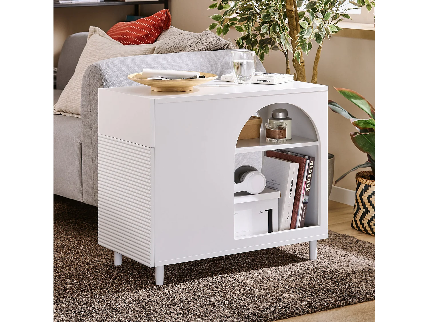 SoBuy Table d’Appoint, Bout de Canapé de Salon, Table à Café, Caisson de Bureau avec 1 Tiroir 1 Porte et Compartiments Blanc, 70 x 35 x 60 cm, FBT135-W