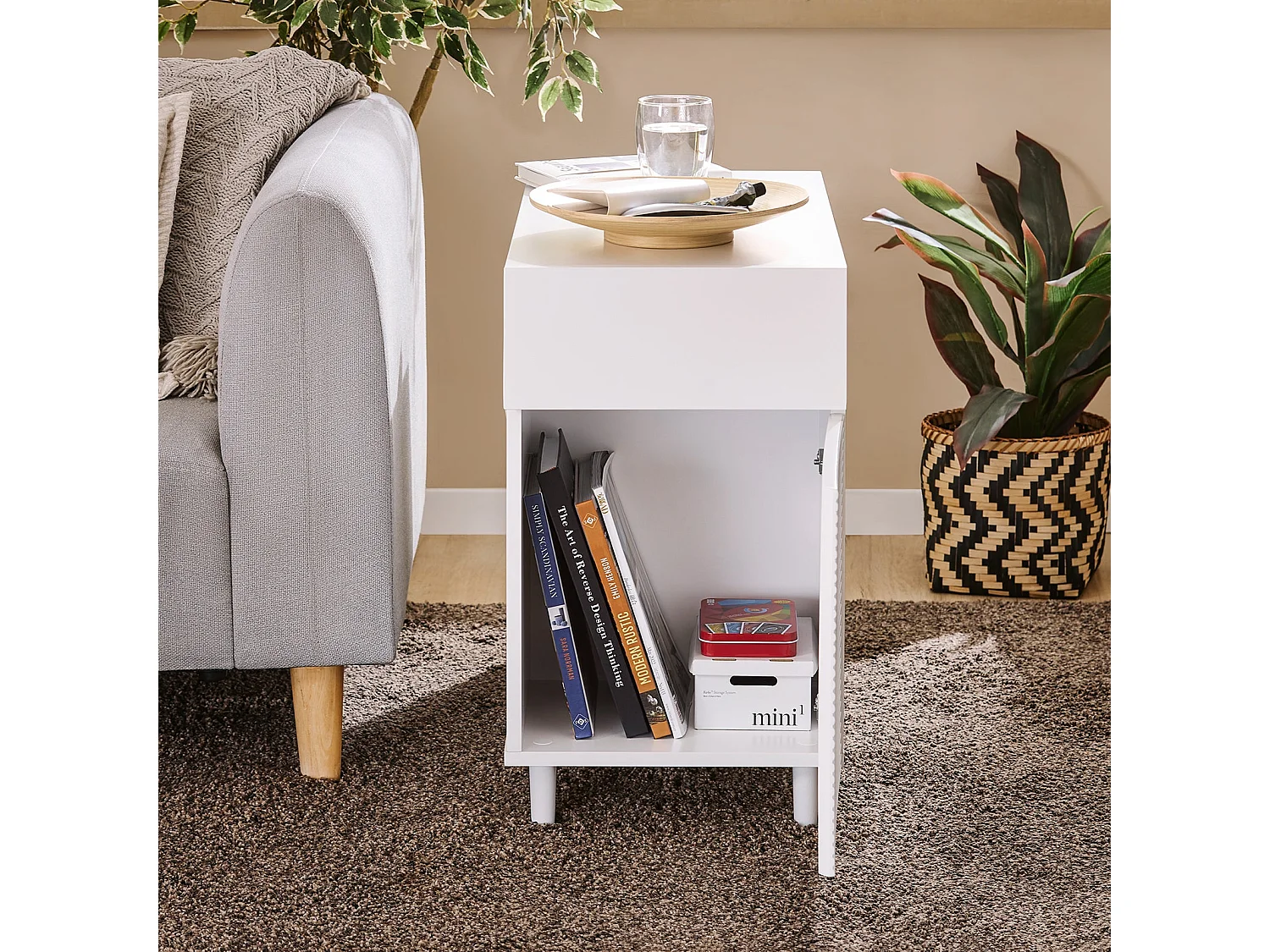 SoBuy Table d’Appoint, Bout de Canapé de Salon, Table à Café, Caisson de Bureau avec 1 Tiroir 1 Porte et Compartiments Blanc, 70 x 35 x 60 cm, FBT135-W