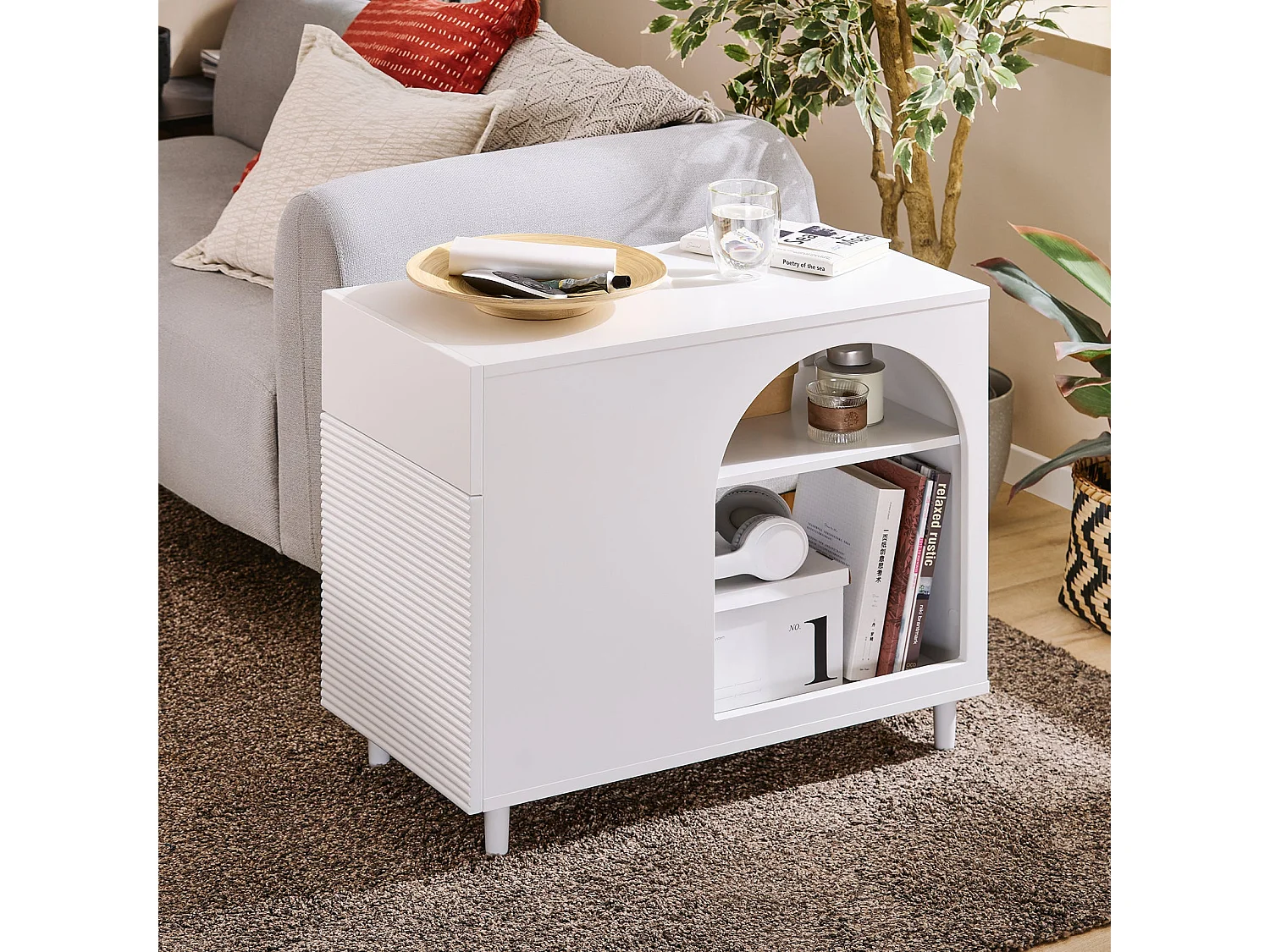 SoBuy Table d’Appoint, Bout de Canapé de Salon, Table à Café, Caisson de Bureau avec 1 Tiroir 1 Porte et Compartiments Blanc, 70 x 35 x 60 cm, FBT135-W