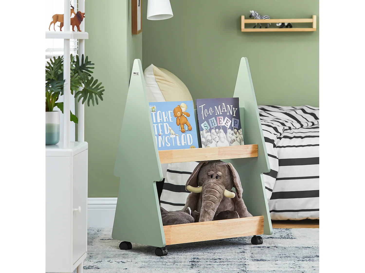 SoBuy Bibliothèque Enfant à roulettes Étagère à Livres Enfant Étagère pour Chambre d'enfant avec 3 étagères et 4 roulettes, Vert Naturel, 60 x 36 x 82 cm KMB99-GR