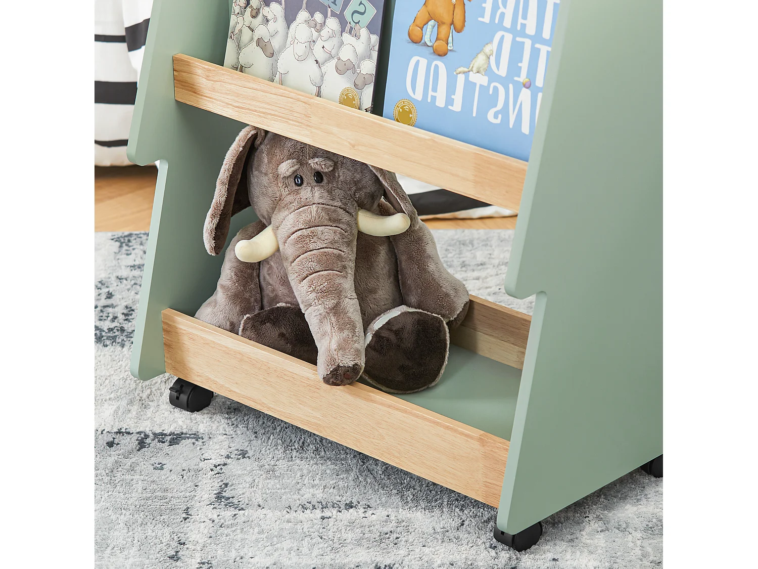 SoBuy Bibliothèque Enfant à roulettes Étagère à Livres Enfant Étagère pour Chambre d'enfant avec 3 étagères et 4 roulettes, Vert Naturel, 60 x 36 x 82 cm KMB99-GR