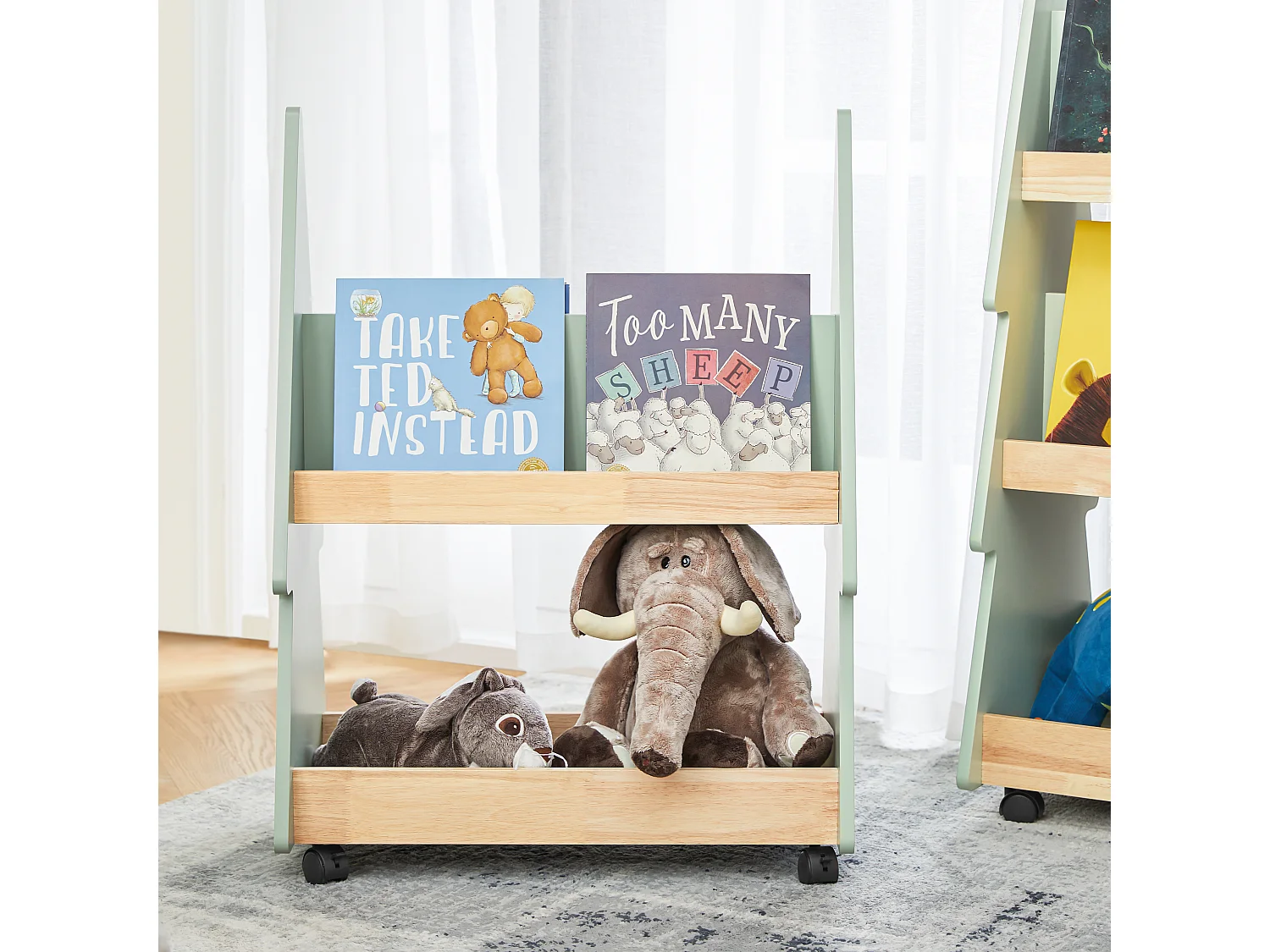 SoBuy Bibliothèque Enfant à roulettes Étagère à Livres Enfant Étagère pour Chambre d'enfant avec 3 étagères et 4 roulettes, Vert Naturel, 60 x 36 x 82 cm KMB99-GR