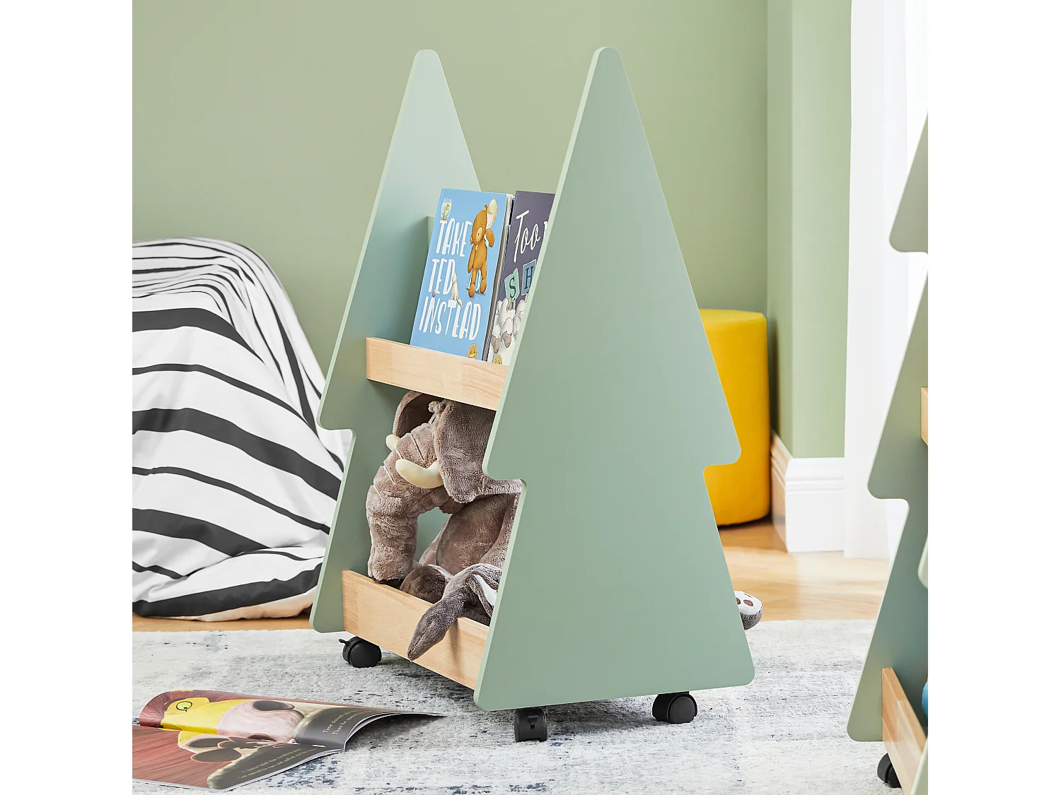 SoBuy Bibliothèque Enfant à roulettes Étagère à Livres Enfant Étagère pour Chambre d'enfant avec 3 étagères et 4 roulettes, Vert Naturel, 60 x 36 x 82 cm KMB99-GR