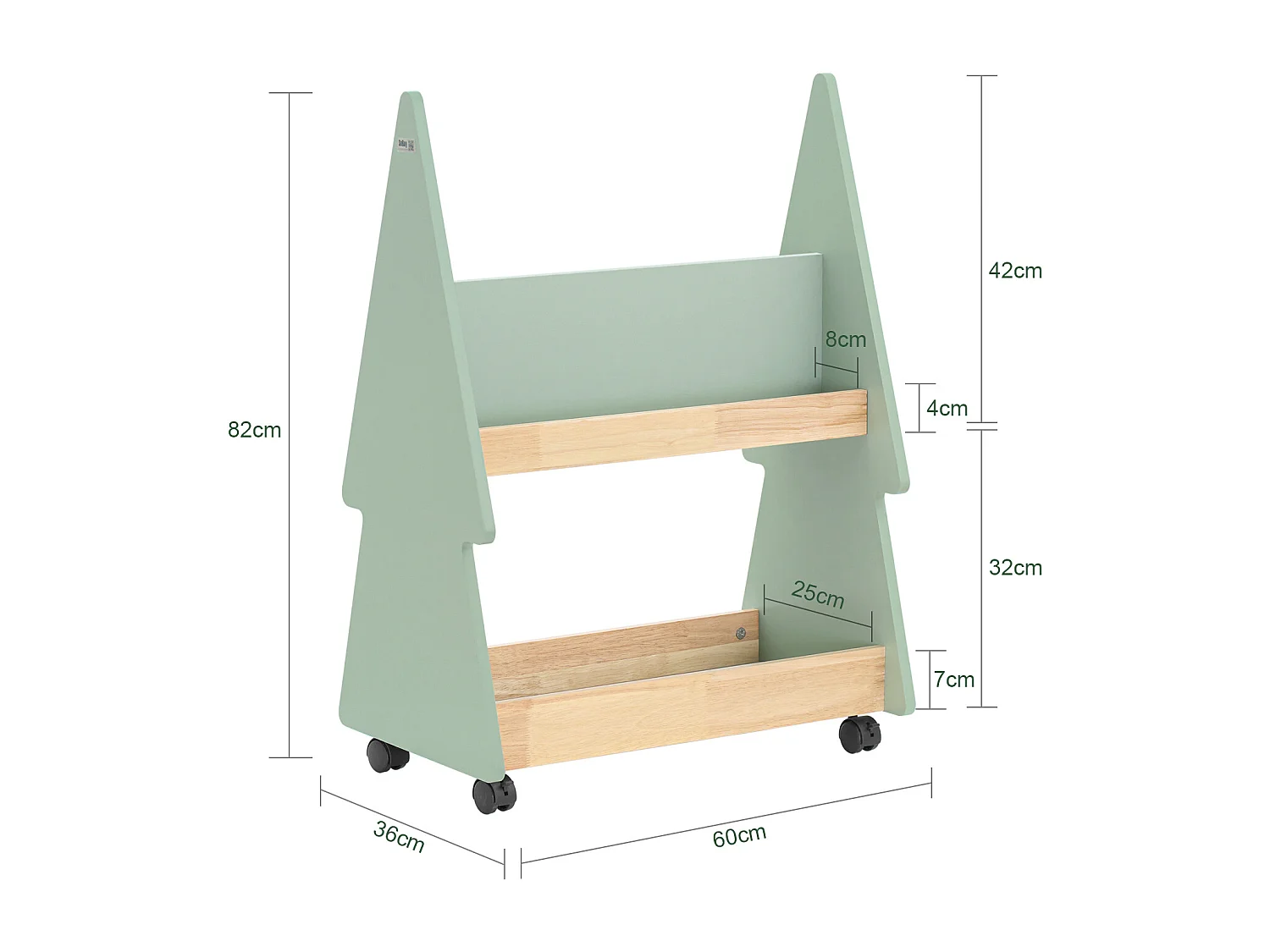 SoBuy Bibliothèque Enfant à roulettes Étagère à Livres Enfant Étagère pour Chambre d'enfant avec 3 étagères et 4 roulettes, Vert Naturel, 60 x 36 x 82 cm KMB99-GR