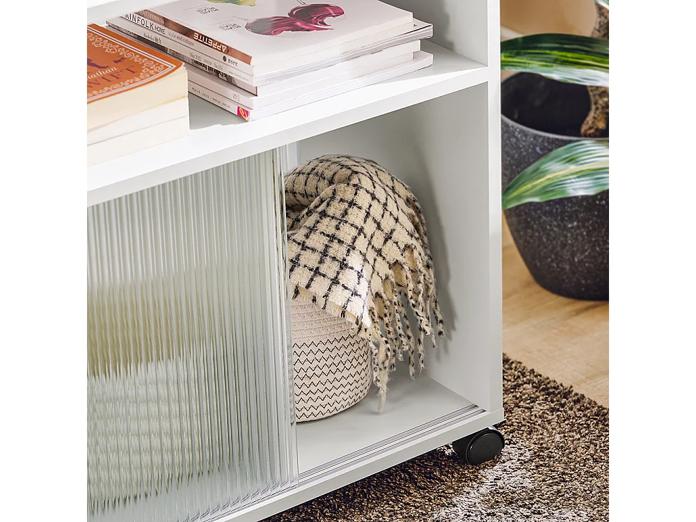 SoBuy Bijzettafel, salontafel, salontafel, bureauonderstel, op wielen, bureautrolley met lade en glazen deuren, wit, 75 x 35 x 61 cm, FBT142-W