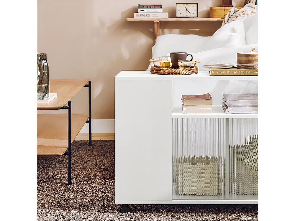 SoBuy Bijzettafel, salontafel, salontafel, bureauonderstel, op wielen, bureautrolley met lade en glazen deuren, wit, 75 x 35 x 61 cm, FBT142-W